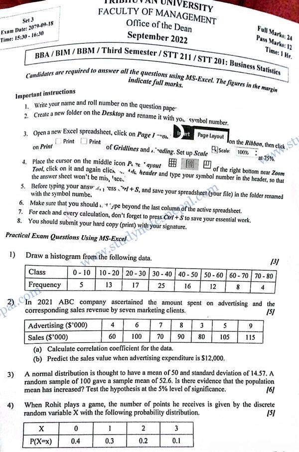 Business Statistics | Practical Old Question Paper | BIM, BBA, BBM